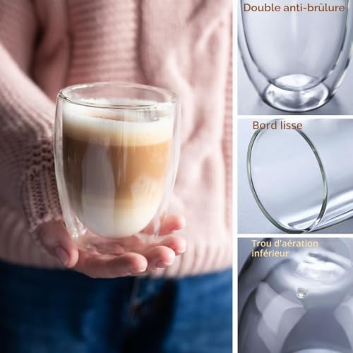 Lot de 6 Tasses à Café Double Paroi, Verre Transparent avec Double Paroi pour Café Latte, Tasses à Latte Macchiato en Verre,Incluant 6 Cuillères, Wingardens Pour Cafetière/Bière/Jus – vue 3