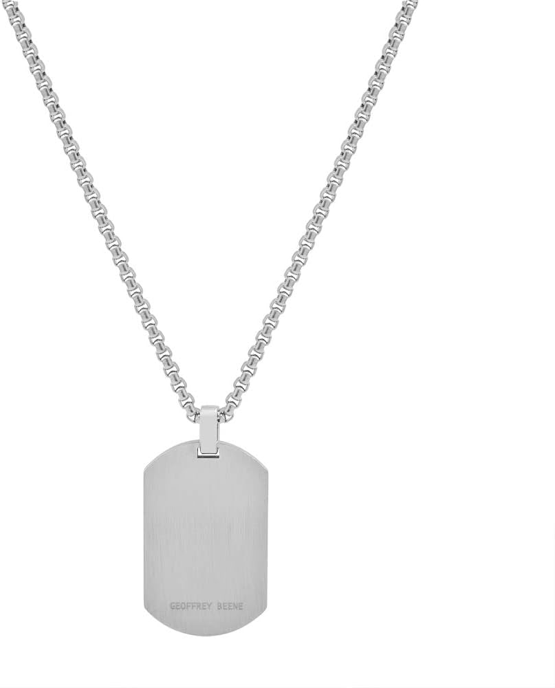 Geoffrey Beene Men's Engraving-Stainless Steel Dog Tag Pendant Necklace with Cubic Zirconia Stone