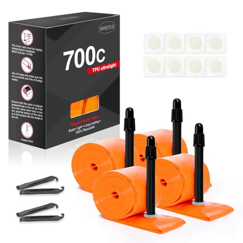 WHEELO TPU 700C×18-32C 自転車用インナーチューブ、超軽量(ALLRoad & Gravel)自転車チューブ 4個パック ロードバイク用 45mm仏式バルブ付き (バイクチューブパッチ修理キットを含む) オレンジ