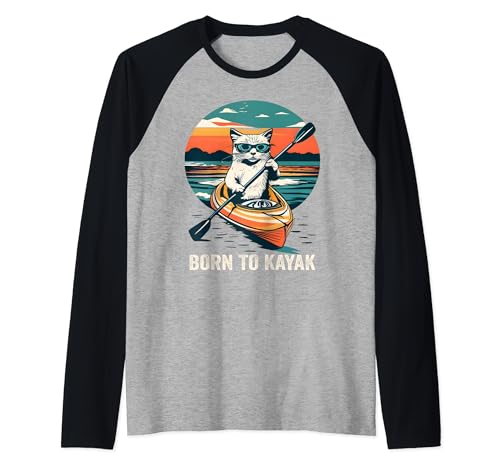 Un gato kayak divertido entusiasta de la aventura felina Camiseta Manga Raglan