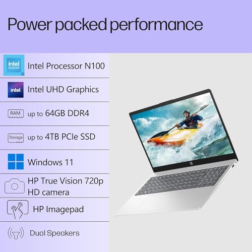 Image of HP Pavilion 15 inch 2026 AI-Ready Laptop, Intel 4-Core N100, 16GB RAM, 512GB SSD, FHD Display, Numeric Keypad, Long Battery, Lightweight, Microsoft Office 365, Platinum White, Windows 11 Home