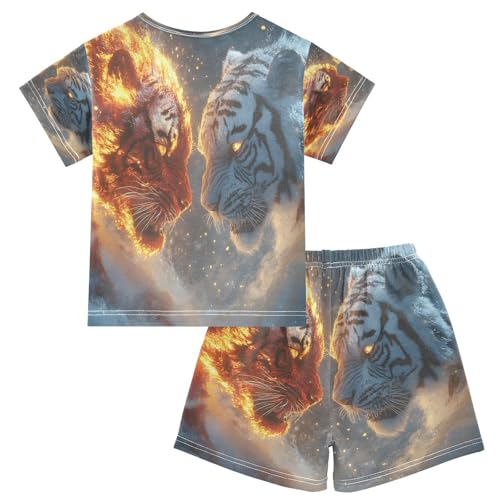 ALAZA Tiger Snow Fire Pajamas Set Short Sleeve Cotton Sleepwear Summer Pjs 2 Piece 5-14Y2