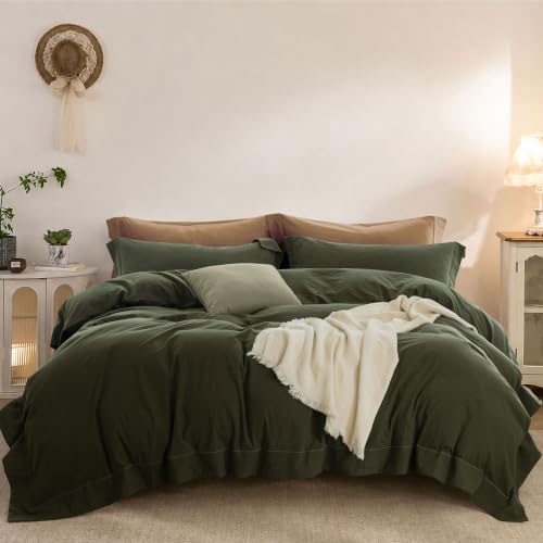 ELIMMO Duvet Cover Set Washed Cotton Embroidered Hem Cal King 3‑Pcs