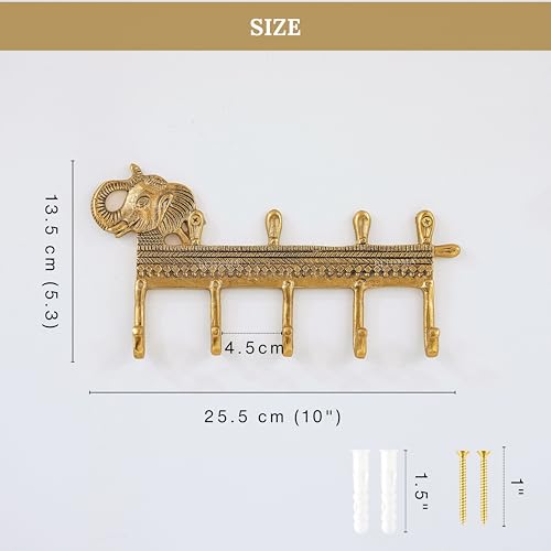 Image of BEHOMA Elephant 5 Hooks Key Holder for Wall, Aluminium, Antique Gold | Decorative Wall Mounted Key Hanger for Home Entryway, Living Room, Office, Durable Heavy Duty Key Organizer