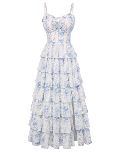 Women's Floral Corset Formal Wedding Guest Maxi Dresses Blue Floral 12