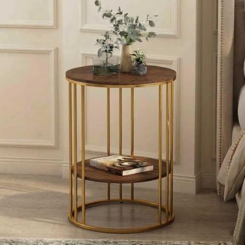 Image of NEST NATURE HAVEN Round Side Table Corner End Table for Living Room Bedside Mid Century Modern Accent Coffee Table for Small Spaces Metal Nightstand (Gold Brown)