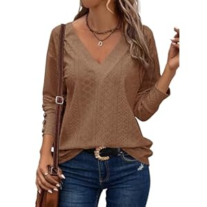 Dokotoo Women’s Tops Dressy Casual V Neck Long Sleeve Buttons Hollow Out Lace Embroidered Blouses Shirts