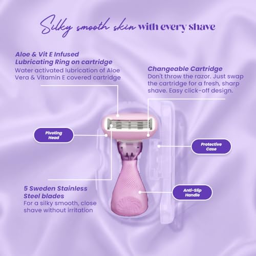 Image of Hyuman On the Go Body Razor Combo + 2 Cartridge Blades /Refill, Aloe Vera + Vit E Lubricated Catridge, Easy hair Removal | Women