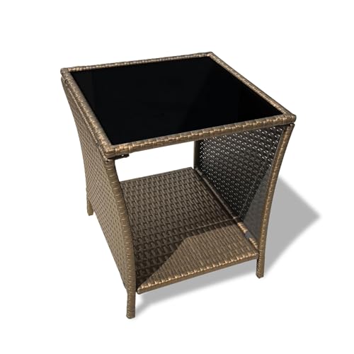 KINTNESS Wicker Rattan Side Table Outdoor End Table Patio Courtyard Coffee Bistro Glass Table with Storage