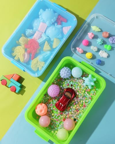 Image of Sensory Bin Sand Tray with Lid for Toddlers 2 Pcs 15in Portable Sandbox Toy Large Plastic Tray for Kids 3 4 5 6 Fill with Sand, Water, Beads, and More (Green+Blue)