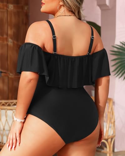 Daci Women Plus Size One Piece Swimsuits Tummy Control Ruffle Off Shoulder Bathing Suits2