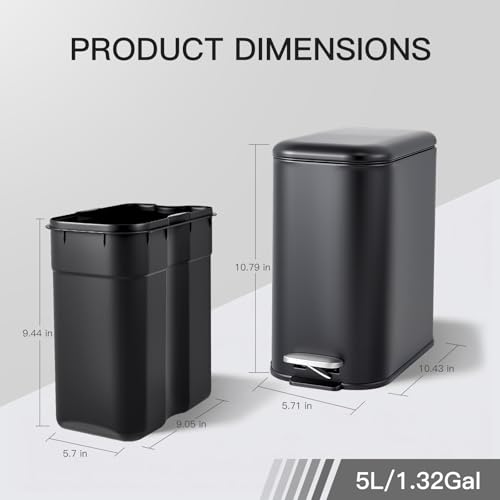 Image of GarveeHome 1.3 Gal Slim Trash Can, Step Garbage Can with Soft-Close Lid, Stainless Steel Recycling Bin Waste Container with Removable Inner Bucket for Kitchen, Bathroom, Office, Black