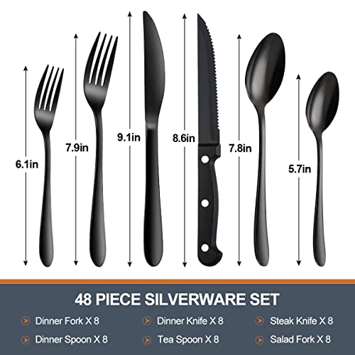 Black Silverware Set For 8, 48-Piece Stainless Steel Flatware Cutlery Set, Stain Finish Kitchen Utensil Tableware Set, Includes Spoons Forks Knives For Home Hotel, Dishwasher Safe #TOP1