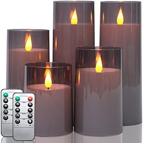 Fo32won Grey LED Flameless Pillar Candles Battery Operated with Remote and Timer, Set of 5 (D 3"×H 4" 5" 6" 8" 8") Plexiglass LED Flickering Candles with 3D Flame