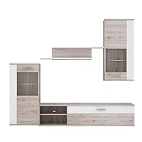 Forte HOT SHOT Moderne Wohnwand 210 220, Große Wohnwand mit 2 Glastüren und 1 Klappe inklusive LED-Beleuchtung, Holzwerkstoff, Sandeiche Dekor / Weiß, 213 cm breit x 184 cm hoch x 41,3 cm tief