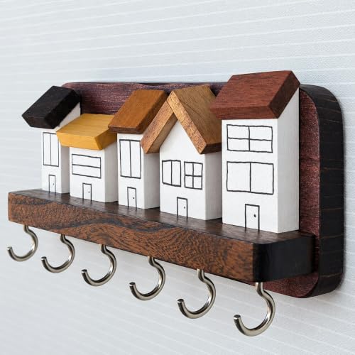 Image of 'Street' Hand Painted Wooden Key Holder for Home (4 Types of Wood). Key Hangers for wall Key Holder Stand Key Stand for wall Keychain Holder for wall (Street) Black (Houses)