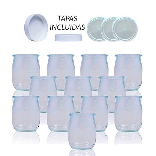 Vasos yogurtera de cristal con tapa pack de 12 botes para yogurtera de 143 Ml tarros para postres recipiente para moulinex , lidl , severin, braum y resto de yogurteras (Tapa Transparente)