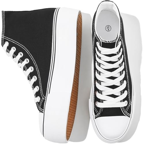 Image of FRACORA Womens High Top Canvas Shoes White Black Platform Sneakers Lace Up Shoes for Women