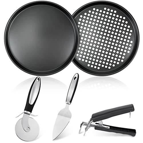 5 Pieces 12 Inch Pizza Pan With Holes, 12 Inch Pizza Pan Non-Stick Pizza Crisper Pan, Pizza Wheel Cutter, Pizza Spatula Shovel And Bowl Clip For Pizza Server Baking #TOP10