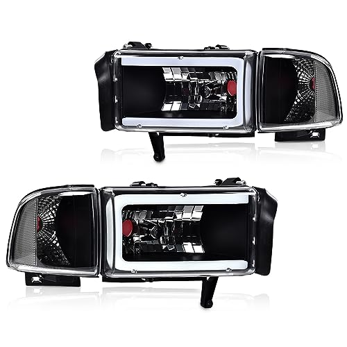 Image of GRAND ORANGE LED Headlight Assembly w /o Bulbs Light Strip Compatible with Dodge Ram 1500 1994-2001 Fit Dodge Ram 2500 3500 1994-2002 Clear Lens Black Housing Clear Reflector
