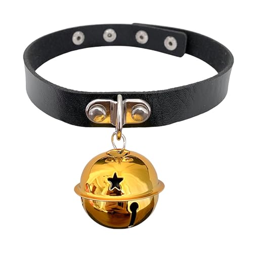 Large Jingle Bell Christmas Cute Ornament PU Leather Choker Necklace for Women Golden Plated Tinkle Bell Xmas Costume Accessories Neck Necklaces Statement Adjustable Lolita Party Punk Jewelry Holiday (Black)