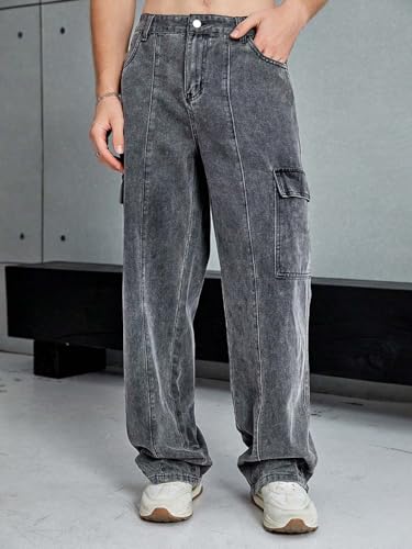 Image of KOTTY Men's Baggy Straight Fit Denim Jeans Washed Wide Leg Urban Fashion Comfortable Trendy Style
