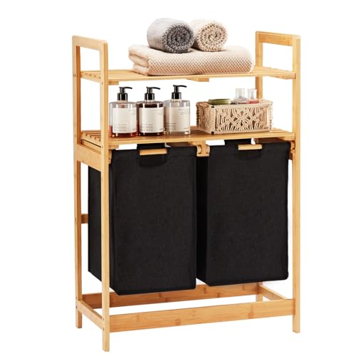 YOUDENOVA Cesta para la ropa con estructura de bambú, cesta de almacenamiento con 2 estantes y 2 bolsas de ropa extraíbles para dormitorio, baño o lavandería 93x64x33cm Negro