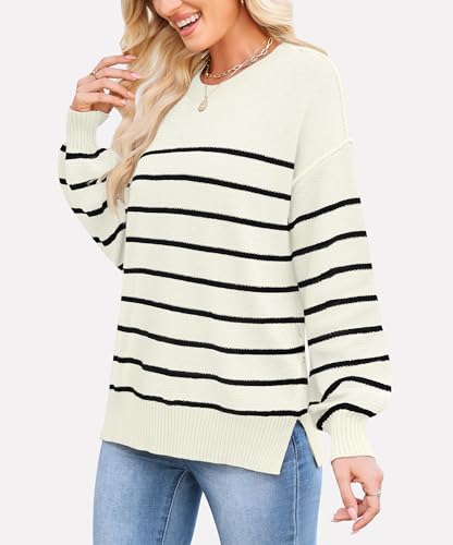 Image of WEACZZY Women Crew Neck Long Sleeve Ribbed Knit Side Slit Pullover Sweaters