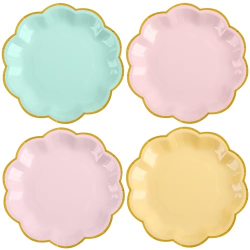 AimFun 24 Pcs Pastel Gold Foil Edge Scalloped Paper Plates 7 Inch