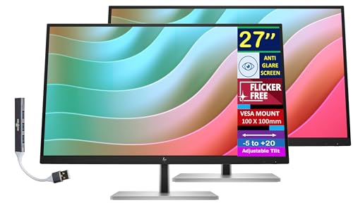 Image of HP E27k G5 27 inch 4K UHD IPS USB-C Monitor with 5ms Response Time, Anti Glare, Flicker Free, VESA Mount (100mm), Displayport, HDMI & Dockztorm USB Port Expander, Black /Silver Color (6N4C4AA#ABA) 2 Pack