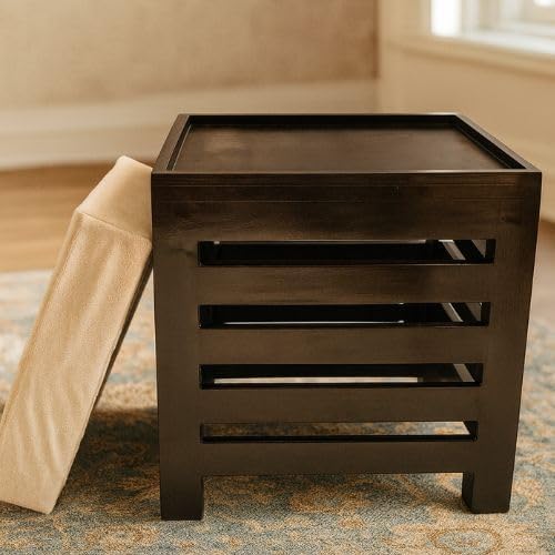 Image of Wooden Ottoman Stool with Cushioned Seat | Modern Square Footrest Pouffe for Living Room Bedroom | Solid Wood Accent Stool for Home Decor Seating (Brown, 12 By 12 Inches)