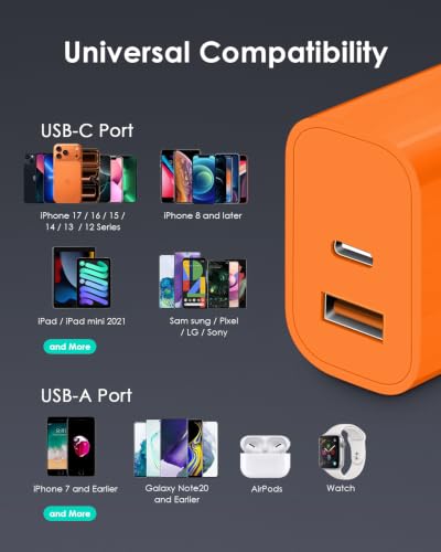 Image of [4 Pack] USB C Charger Block Fast Charging Multiport Adpater [PD 20W USB-C & QC 3.0 USB-A Port] for iPhone 17 /16 /15 /14 /13 /12 /11 /X /9, iPad, Galaxy, Google & More [Orange]