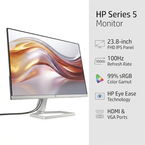 Image of HP Series 5 24-inch FHD Monitor, 100Hz Refresh Rate, 1080p IPS Display with 1500:1 Contrast, 300 Nits Brightness, 99% sRGB & Eyesafe Certified Eye Ease, Tilt Adjustment, HDMI & VGA Ports