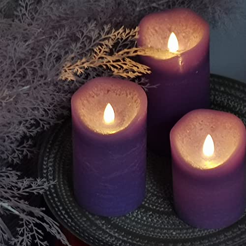 Image of iZAN 3 Pack Real Wax Flameless Candles Battery Operated LED Pillar Flickering Realistic Electric Candle Gift Sets with Remote Control and Cycling 24 Hours Timer 3 inchD X 4 inch 5 inch 6 inch H (Purple)