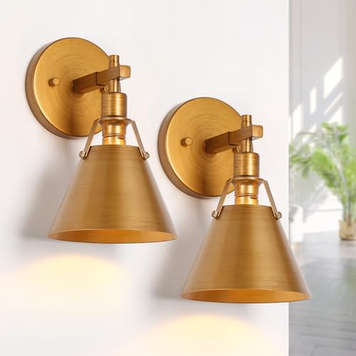Image of KSANA Antique Gold Wall Sconces Set of Two, Brushed Brass Sconces Wall Lighting 2 Pack, Modern Indoor Wall Sconce Light for Bathroom, Kitchen, Living Room, Hallway, Powder Room