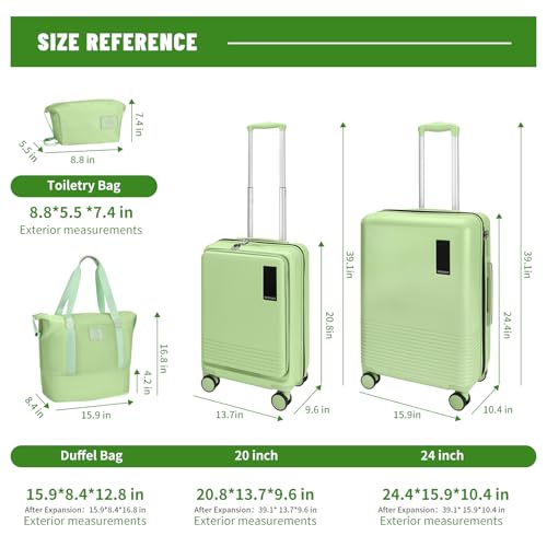 2 Piece Luggage Sets with Spinner Wheels Front Open Pocket, ABS+PC Suitcase with TSA Lock & YKK Zipper, Carry On 20/24 inch Medium +Toiletry Bag+Handbag, Light Avocado Green2