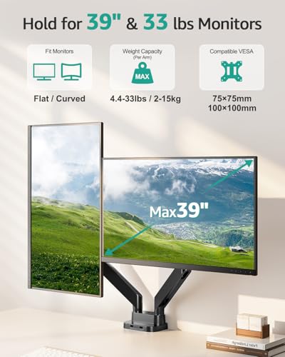 Image of MOUNT PRO Dual Monitor Desk Mount for 39 inch Ultrawide Screen up to 33lbs, Heavy Duty Monitor Arm Double Gas Spring Arms for 2 Monitors, Adjustable Computer Monitor Stand with USB, VESA 75x75 100x100