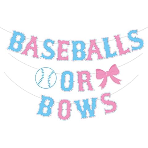 Kitticcino Baseballs or Bows Gender Reveal Banner Boy or Girl Baby Shower Garland Blue or Pink Gender Reveal Party Pregnancy Announcement Decor Cover