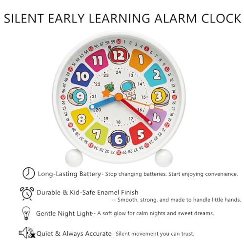 Learning Clock for Kids, Colorful Silent Educational Teaching Clock with Minute/Hour Labels/24-Hour, Non-Ticking Desktop Alarm Clock with Night Light, Gifts for Children Learn to Tell Time (White) - Image 6