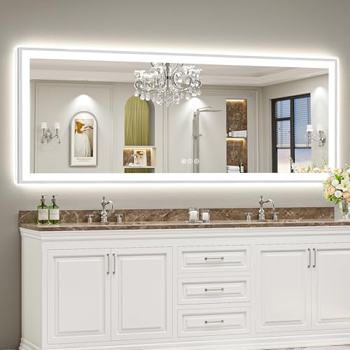 Image of 96x36 Brushed Nickel LED Bathroom Mirror with Lights, Backlit & Front-Lit, Anti-Fog, Framed Lighted Vanity Mirrors for Bathroom Wall, Dimmable, 3 Colors, Memory, Shatter-Proof, Tempered Glass