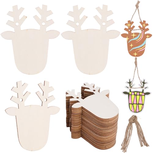 Image of SUNNYCLUE 30Pcs Wooden Hanging Ornaments Christmas Wood Deer Head Xmas Unfinished Wooden Hanger Decoration Charms with 30Pcs Jute Twine Embellishments Crafts for Holiday Art DIY Craft Party Home Decor