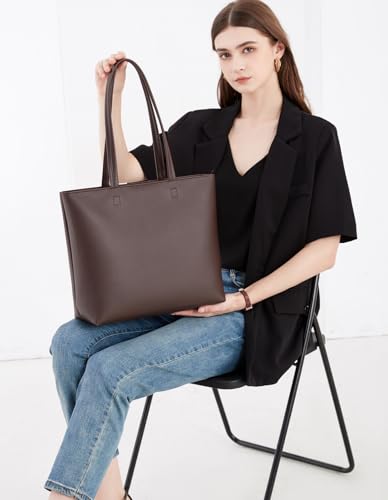 MEEGIRL Ladies Tote Bags Simple PU Leather Handbags Work School Shopping Bags for Women with Zip and Inner Pocket (Coffee)