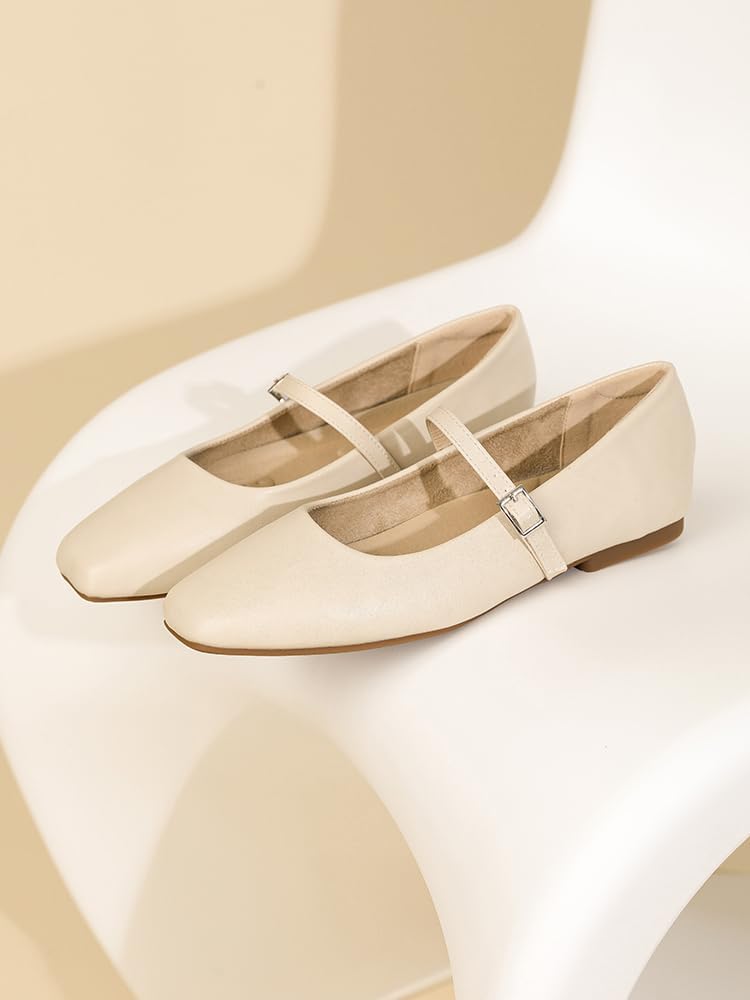 Women's Square Toe Mary Jane Ballet Flats Shoes with Adjustable Strap, Slip On Comfortable Work Flats, Soft Leather Dressy Shoes - Image 4