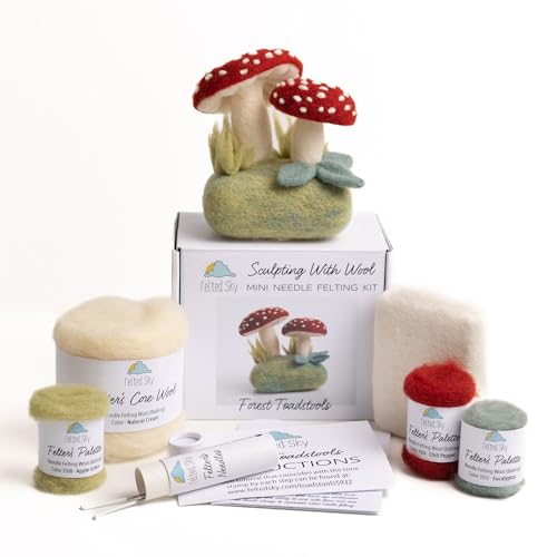 Image of Felted Sky Forest Toadstools Needle Felting Kit Learn How to Sculpt with Wool | Beginner Friendly for Adults and Teens | Includes Everything to Create a 3D Mushroom Scene | Has Video Instructions