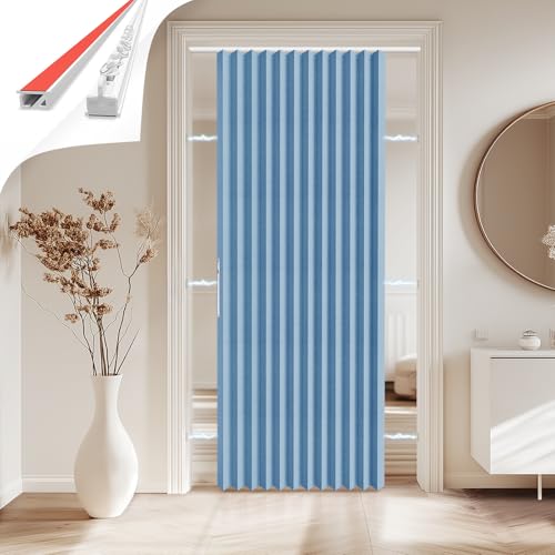 JILRON Cortina de puerta 100% opaca, estilo acordión plegable con cierre magnético, montaje adhesivo sin taladrar, incluye capa adhesiva, oscurecimiento y cortavientos, azul, 201 x 135 cm (alto x