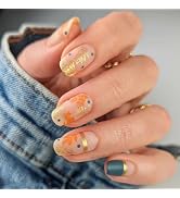 Medium Square Press on Nails Fall Gold Leaf False Nails Blue French Tip Fake Nails with Design Ye...