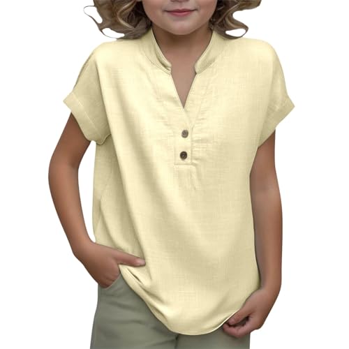 Camisa de Lino para Chicos de Manga Corta Henley, Camiseta de Verano, Monocolor, Corte Regular, Informal, Informal, para Fiestas, para niños