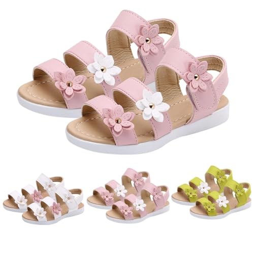 Rose Sandales Fille Ete Barefoot À Lanières Avec Fleurs Confortable Sandales Fille Cuir Plates Respirantes Sandale D'extérieur Bohème Chaussures Enfant...