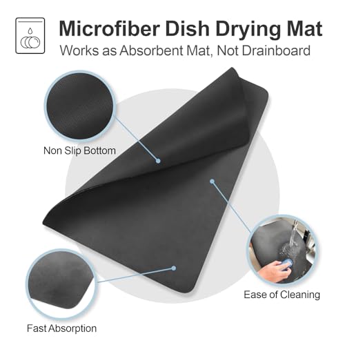 GSlife Family Size Large Capacity Expandable Dish Drying Rack with Absorbent Mat, Rust Resistant Dish Drainer for Plates Bowls Pots and Pans, 16.5\"-21.3\" L x 14.7\" W, Black