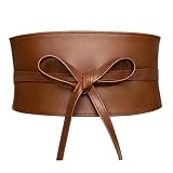 macoking Thick Brown Wide Obi Belts for Women Faux Leather Corset with Lace Up Wrap Style M
